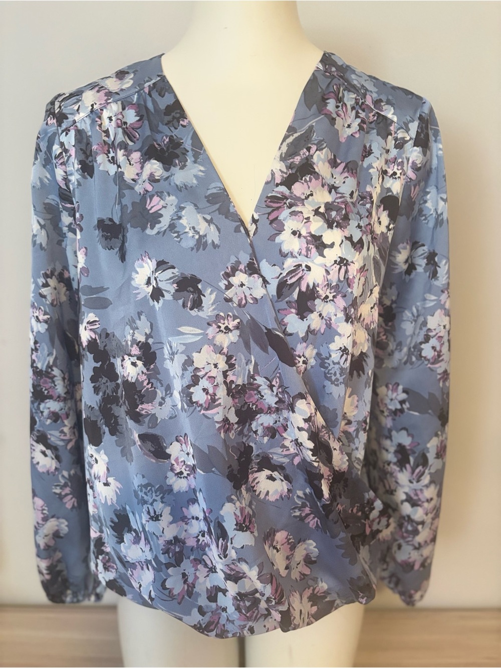INC International Concepts Dusty Blue Floral Wrap Blouse